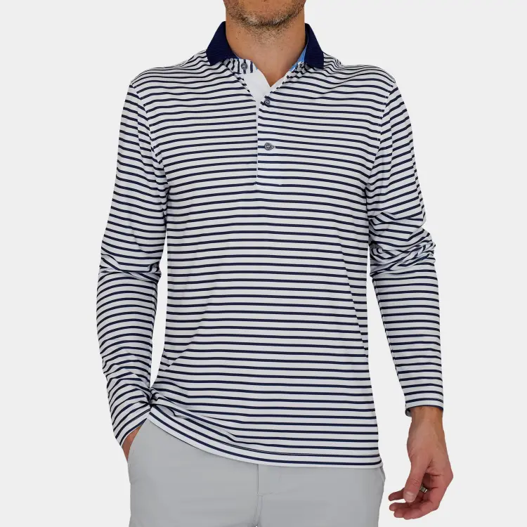 Avalon Luxe Mens Long Sleeve Polo: Navy Stripe