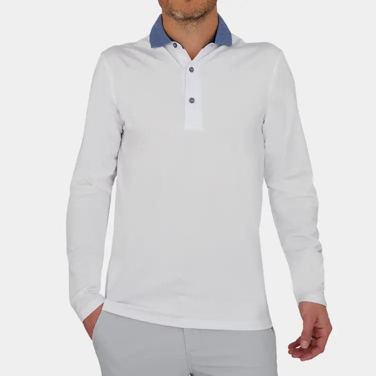 Luxe Long Sleeve Mens Golf Polo Shirt: White
