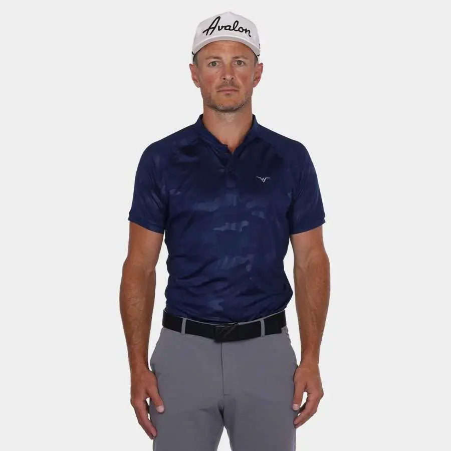 Avalon Blade Collar Golf Shirt in Navy Camo: Front