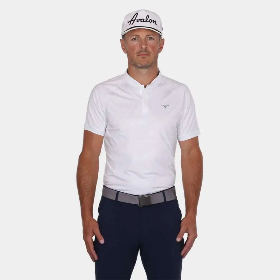 Avalon Blade Collar Golf Shirt in White Camo: Front