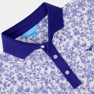 Blue Floral Print Golf Shirt Close Up