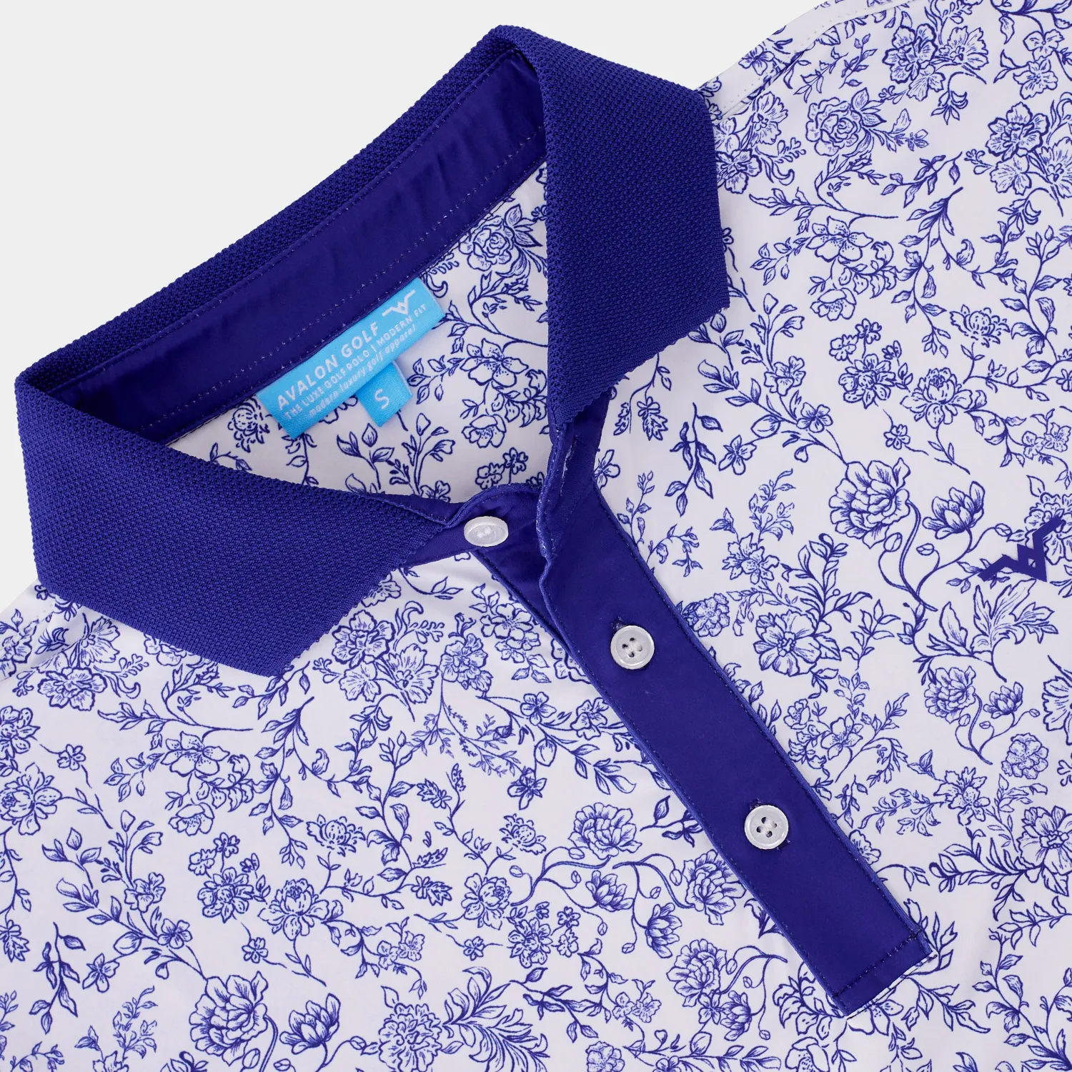 Blue Floral Print Golf Shirt Close Up