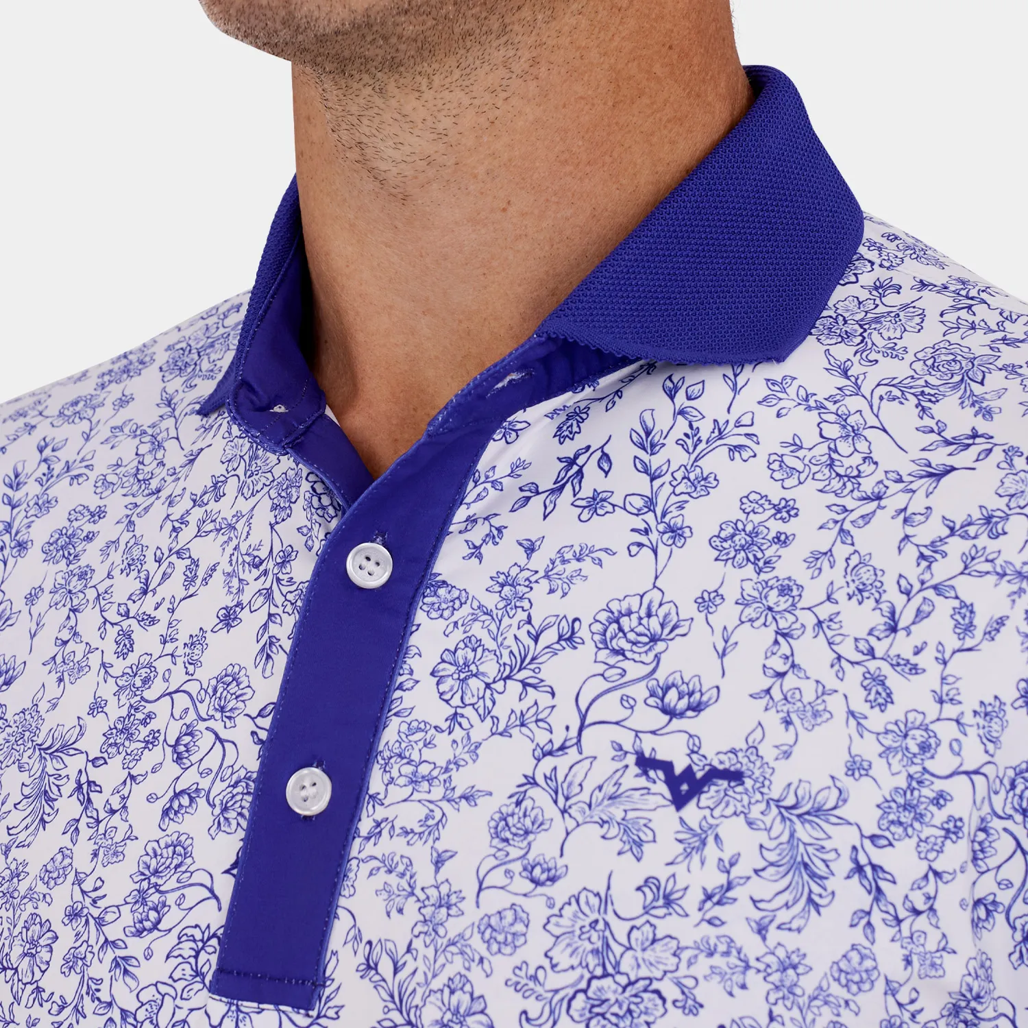 Blue Floral Print Golf Shirt Collar