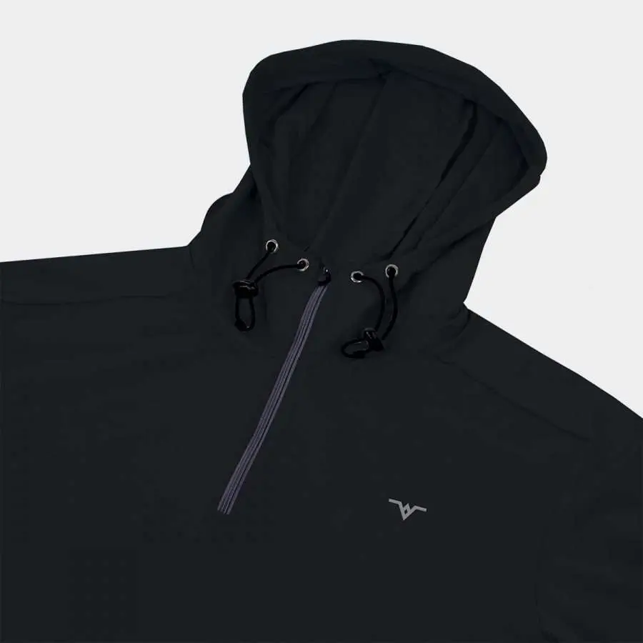 Men's quarter zip golf pullover with hood in Black: Close Up View