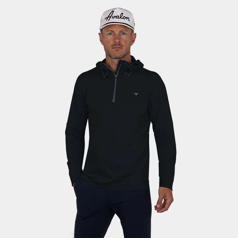 Men's quarter zip golf pullover with hood in Black: Front Side View