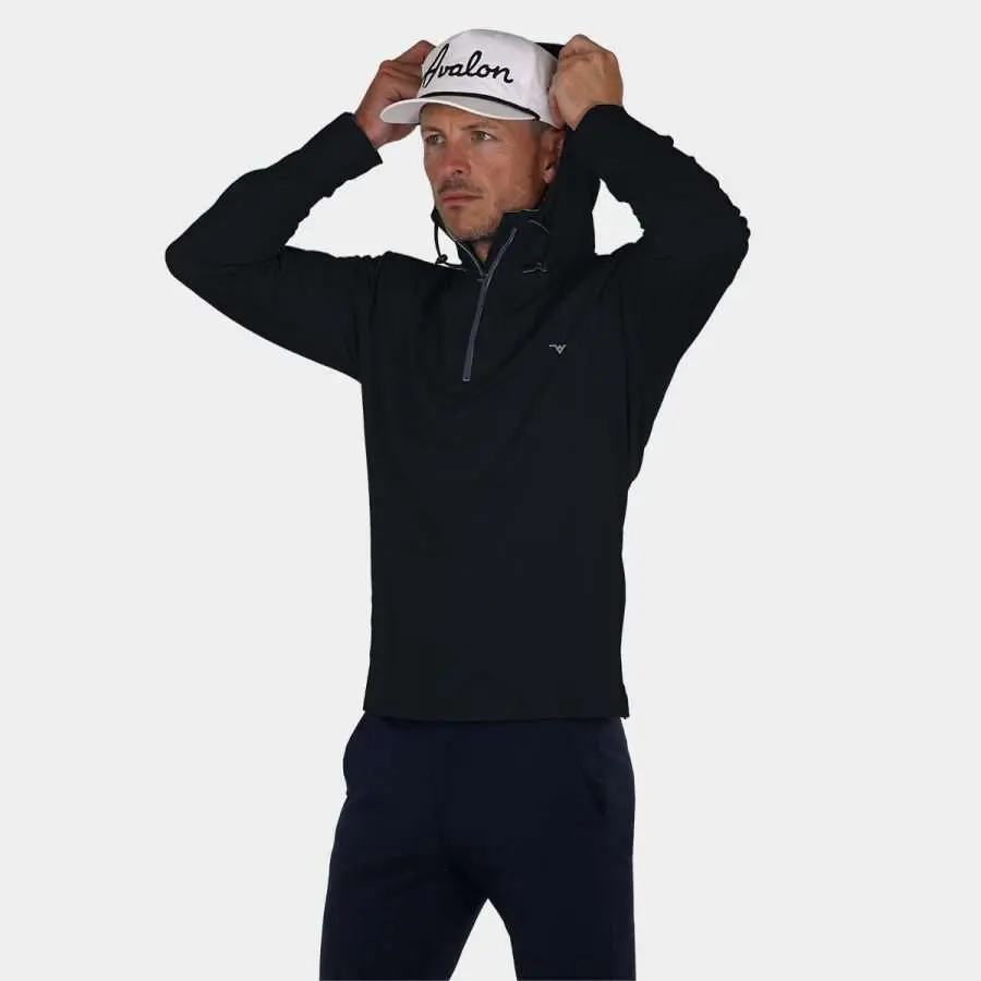Men's quarter zip golf pullover with hood in Black: Hood Up View