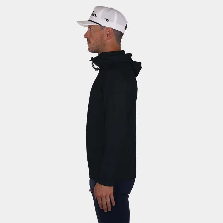 Men's quarter zip golf pullover with hood in Black: Side View