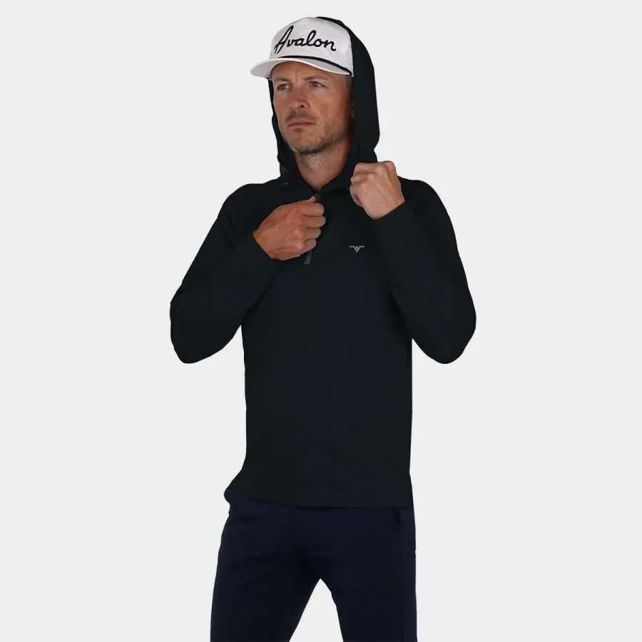 Men's quarter zip golf pullover with hood in Black: Zipper View