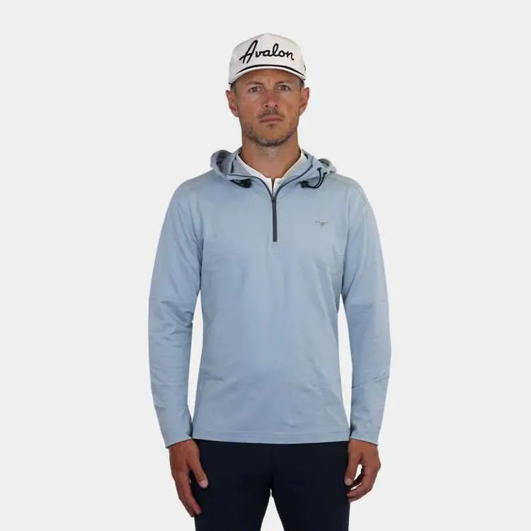 Men's Quarter Zip Golf Pullover with Hood in Blue: Front