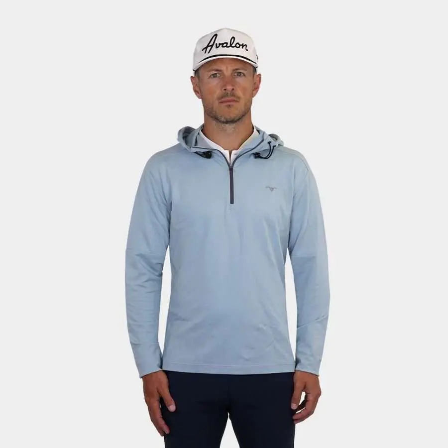 Men's Quarter Zip Golf Pullover with Hood in Blue: Front