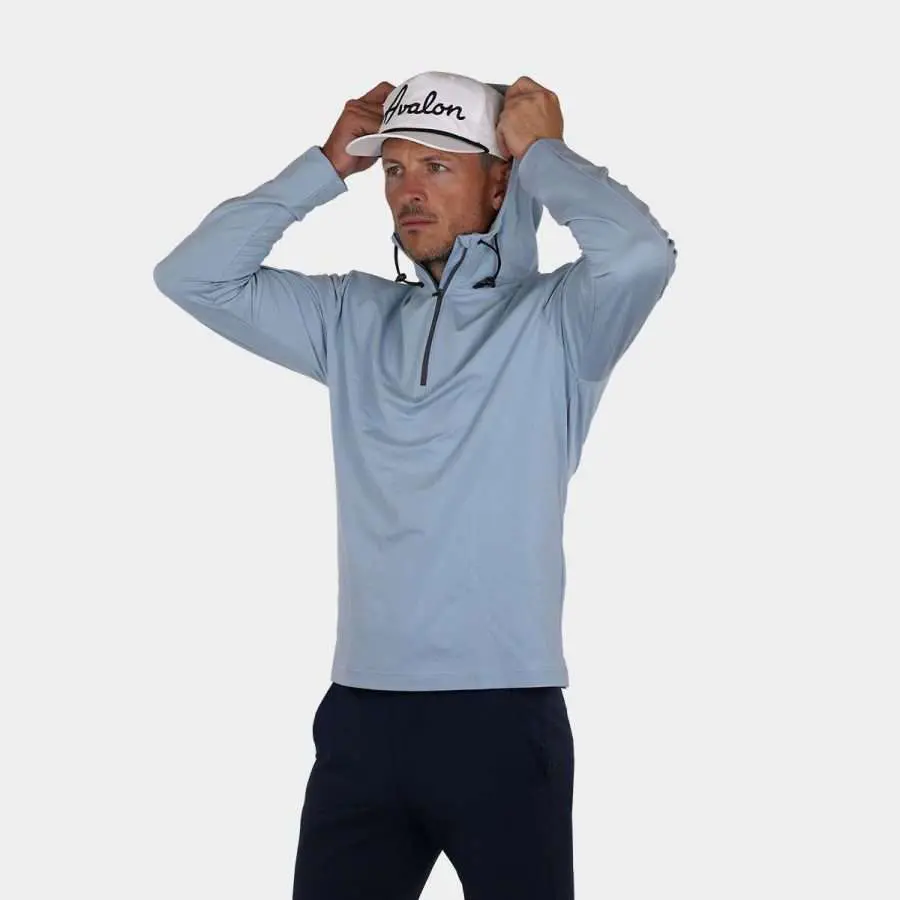 Men's Quarter Zip Golf Pullover with Hood in Blue: Hood up
