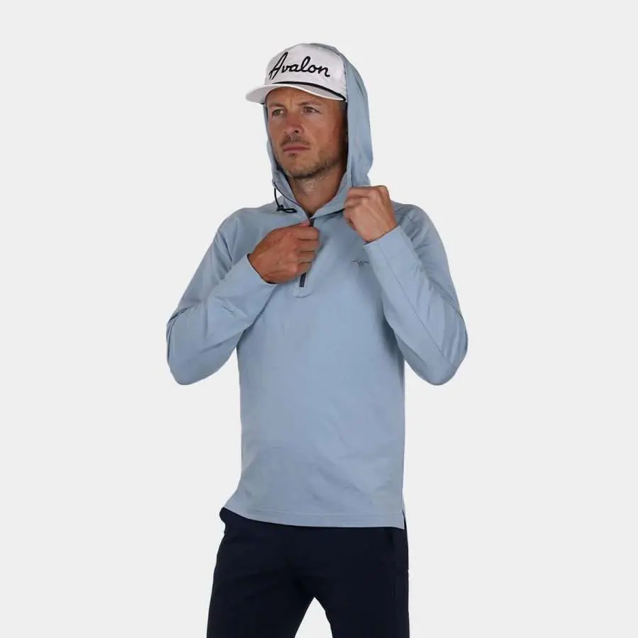 Men's Quarter Zip Golf Pullover with Hood in Blue: Zipper